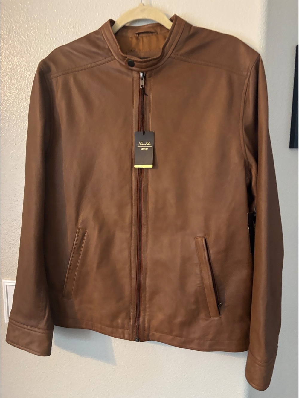 Tasso Elba Pietro Genuine Leather Motorcycle Jacket Cognac Brown Medium NWT